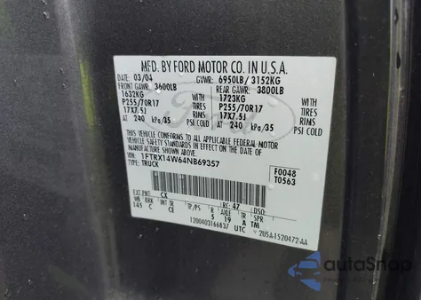 2004 Ford F-150 Stx/Xl/Xlt из США, поврежденный, VIN 1FTRX14W64NB69357